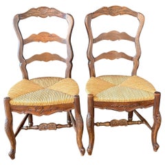 Antique Pair of French Country Hand Woven Rush Seat Dining Chairs with Lovely Carvings