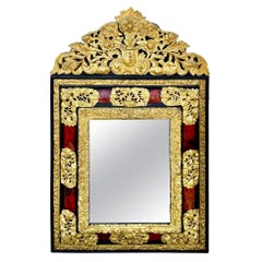 19th Century Dutch Repousse Brass Ebonized Shell Mirror