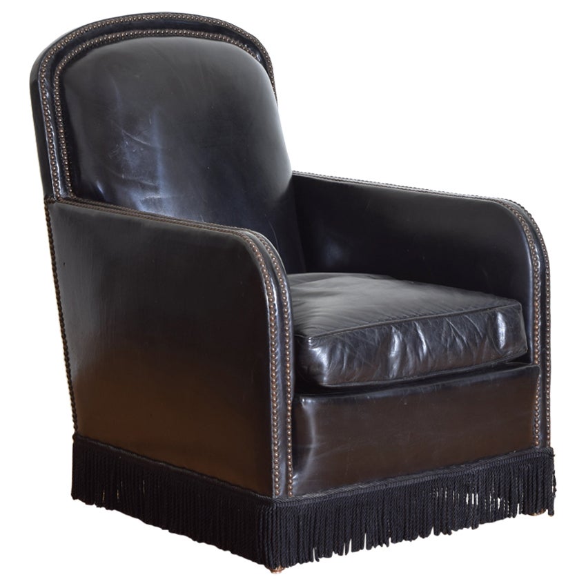 French Leather Upholstered with Fringe Club Chair, Mid-20th Century For Sale