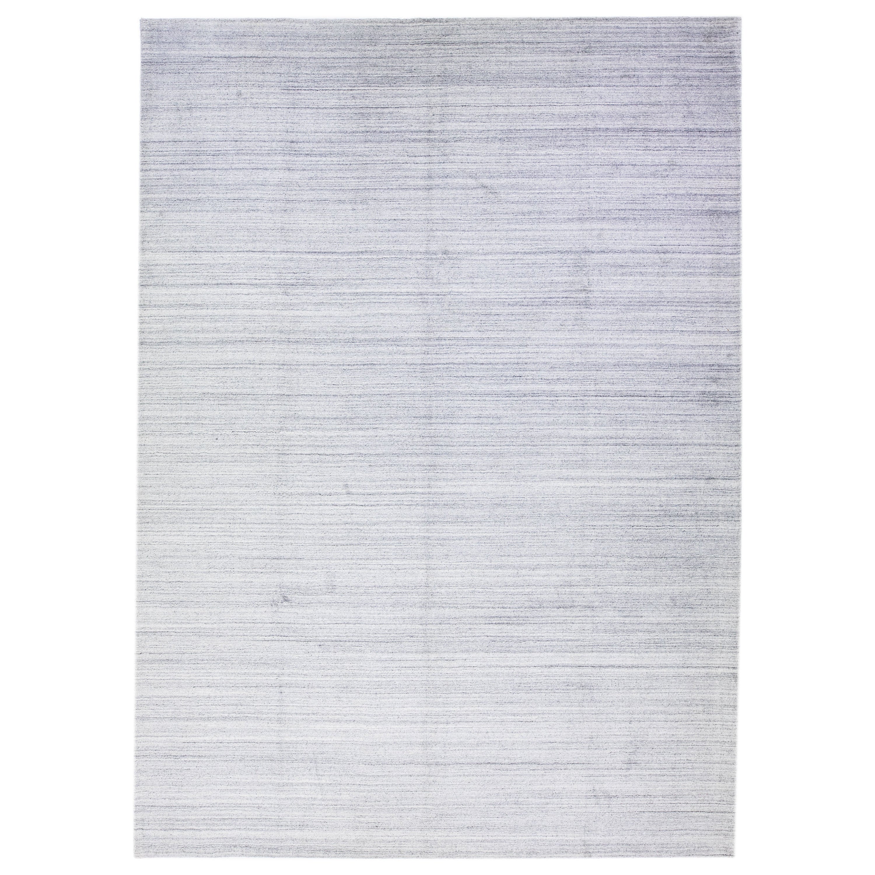 Gray Modern Hand-Loom Wool Rug with Stripe Design For Sale