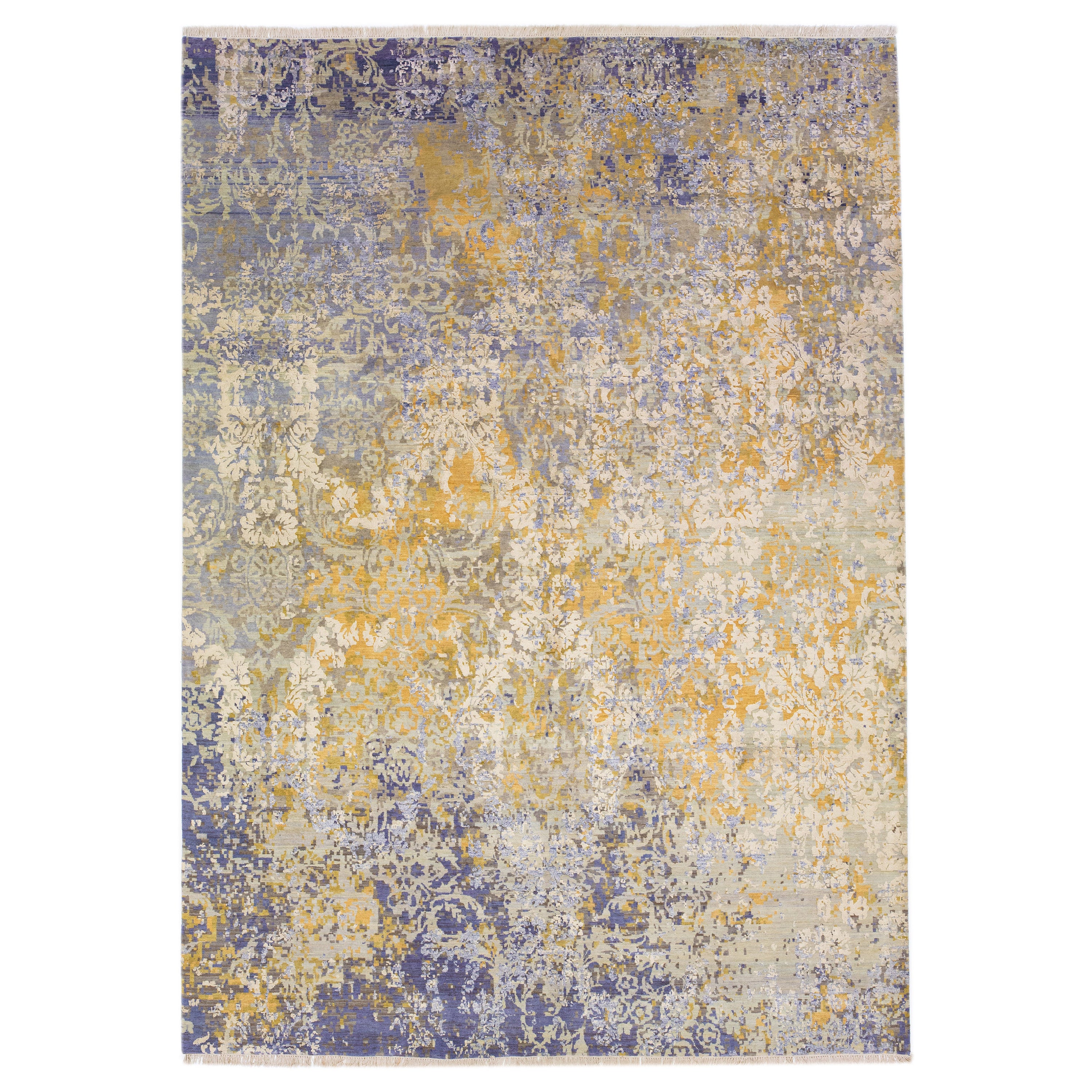 Tapis tibétaine contemporain en laine et soie avec motif abstrait multicolore 