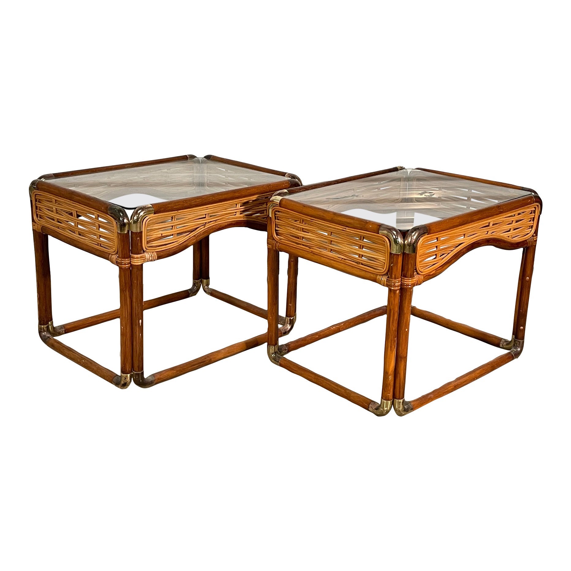 Rattan and Brass Campaign Style End Tables For Sale