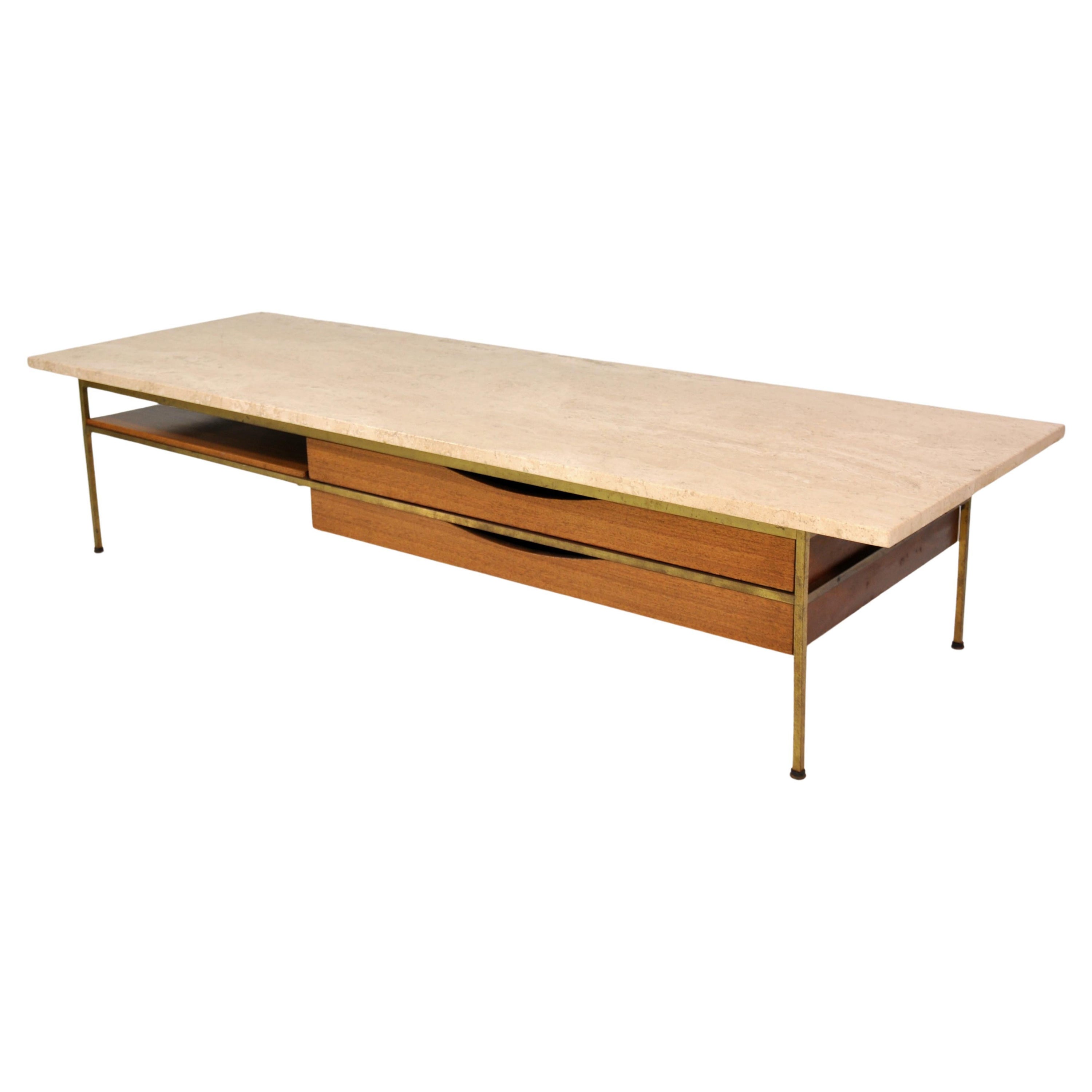 Paul McCobb Irwin Collection Brass and Travertine Coffee Table by Calvin