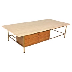 Paul McCobb Irwin Collection Brass and Travertine Coffee Table by Calvin