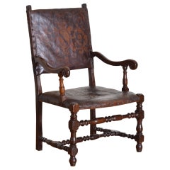 Italian LXIV Period Walnut & Tooled Leather Upholstered Fauteuil, circa 1700