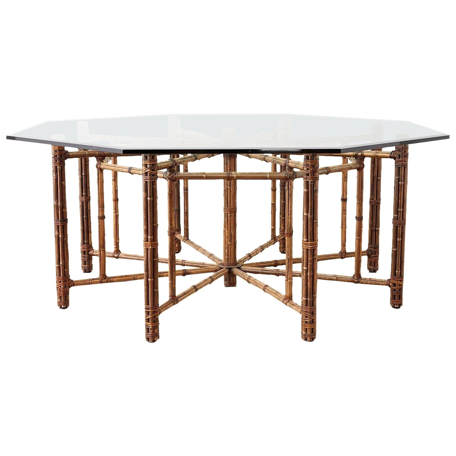 McGuire California Modern Octagonal Bamboo Rattan and Glass Dining Table