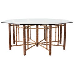 McGuire California Modern Octagonal Bamboo Rattan and Glass Dining Table