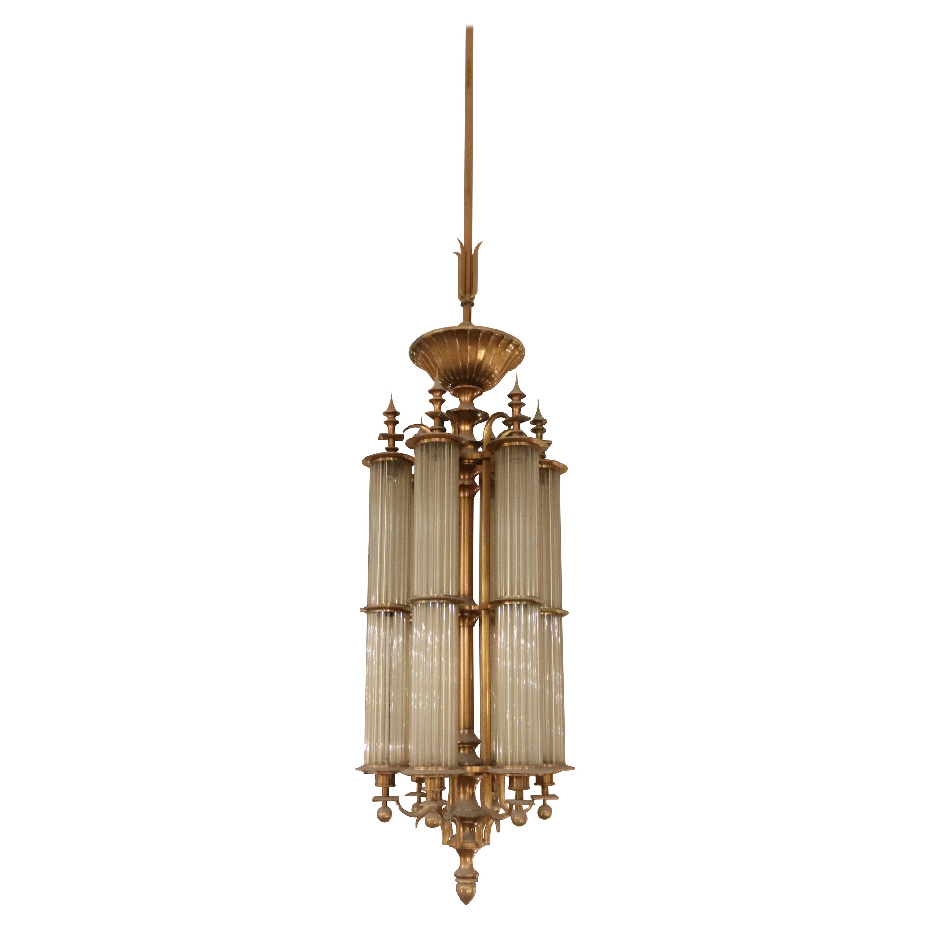 1930s Art Deco Large Scale Brass Pendant Light For Sale