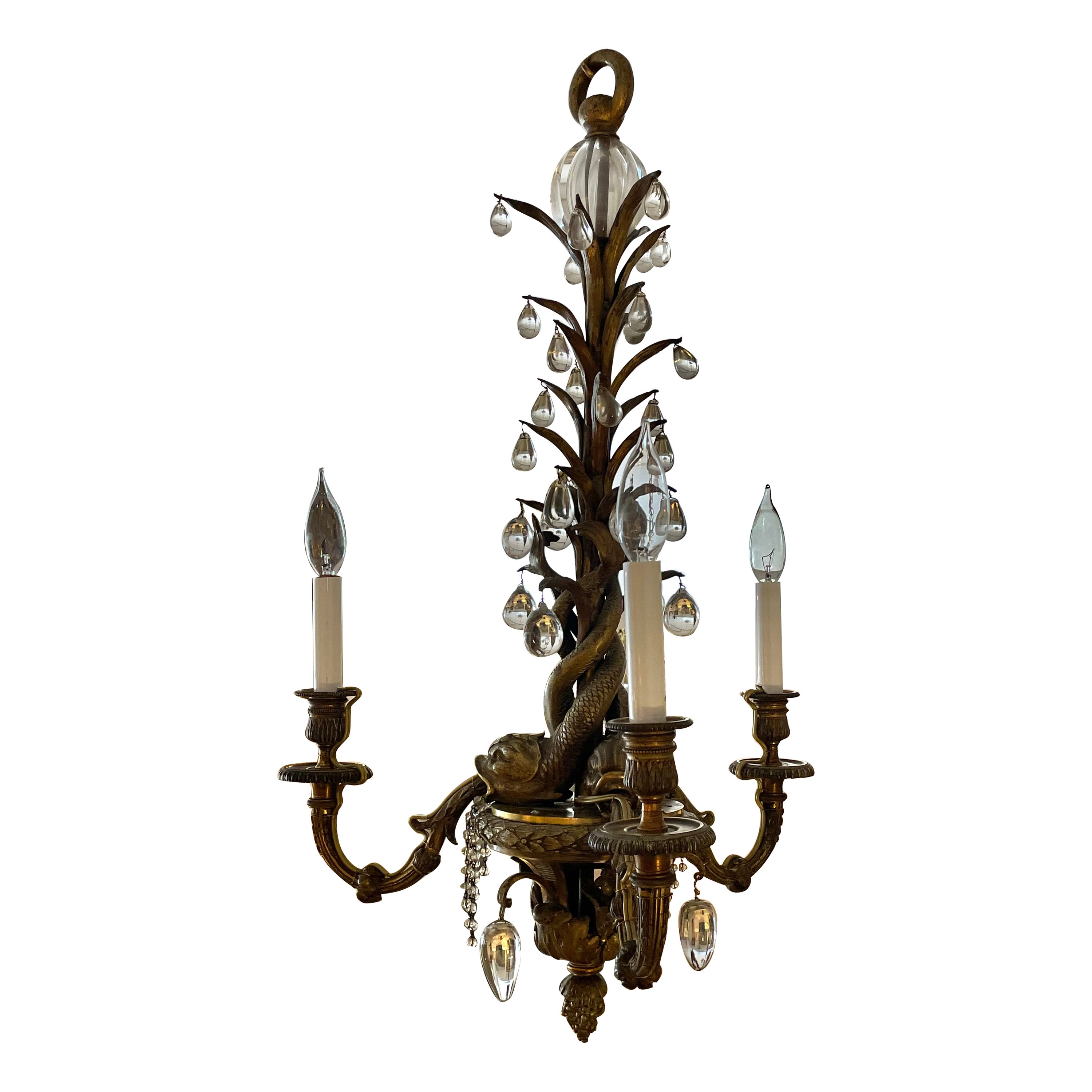 Bronze Chandelier with Dolphin Figures Style of Maison Jansen For Sale