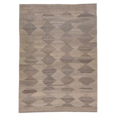 Brown Flatweave Modern Kilim Wool Rug with Geometric Pattern