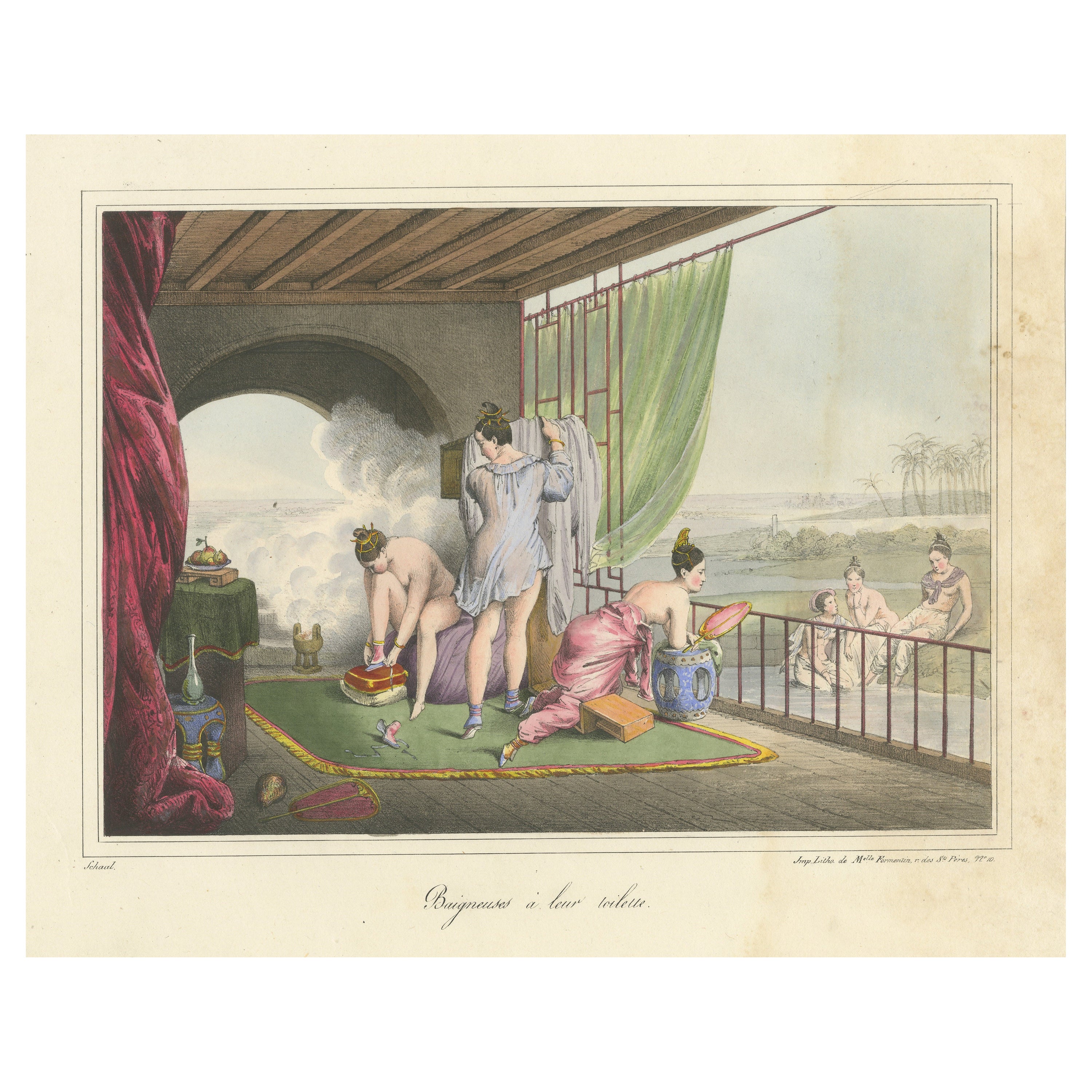 Antique Print of Chinese Bathing Women For Sale