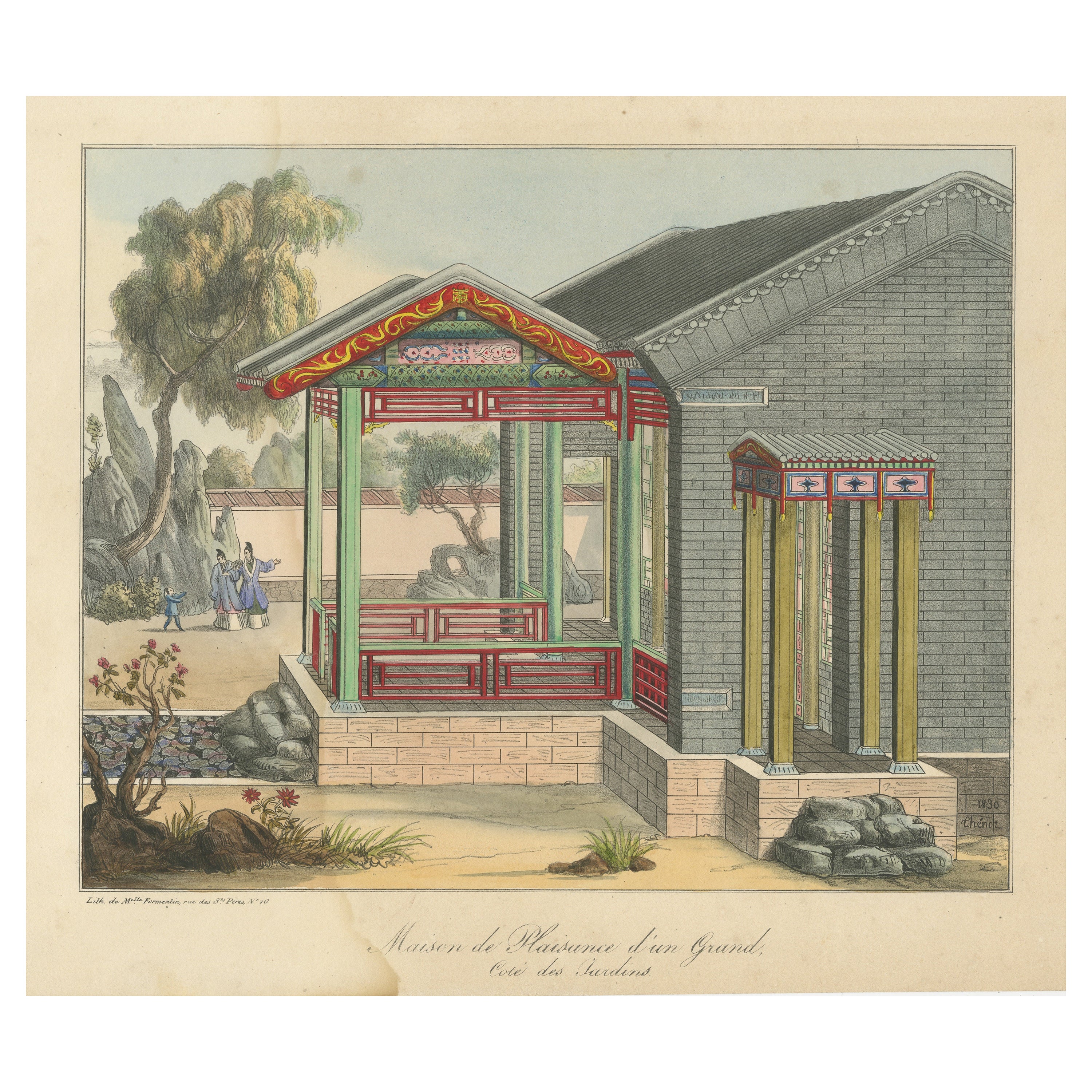 Antique Print of a Pleasure House next to the Gardens For Sale