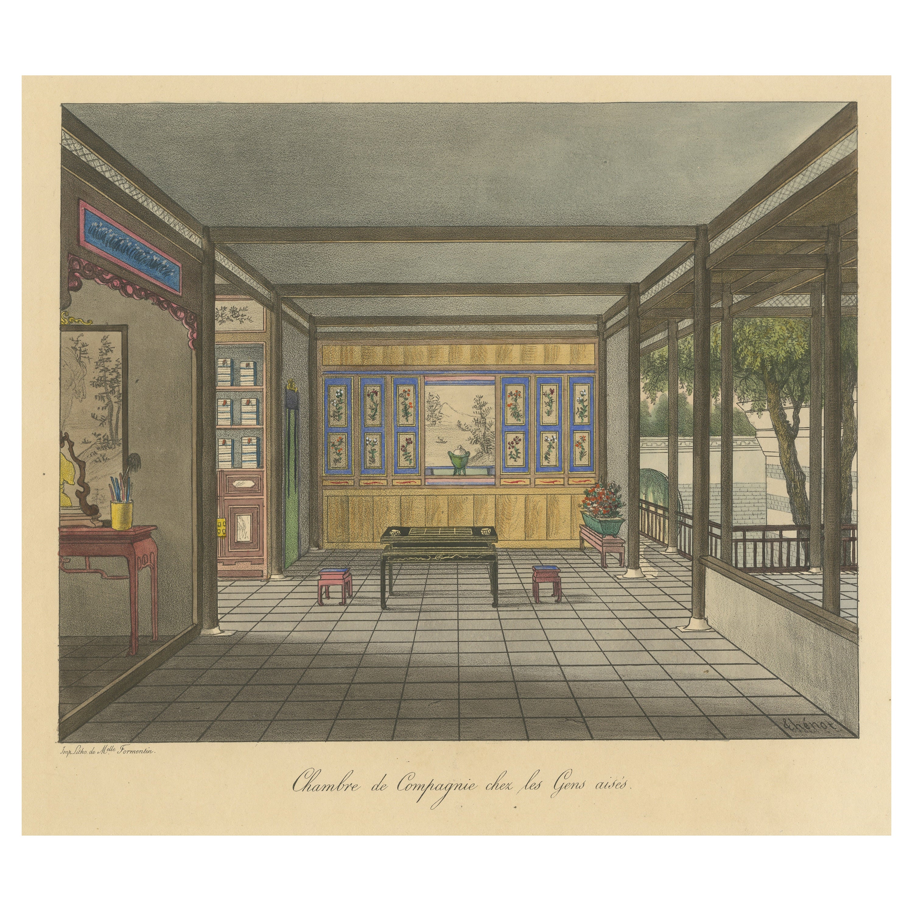 Nicely Hand-Colored Antique Print of a Chinese Room For Sale