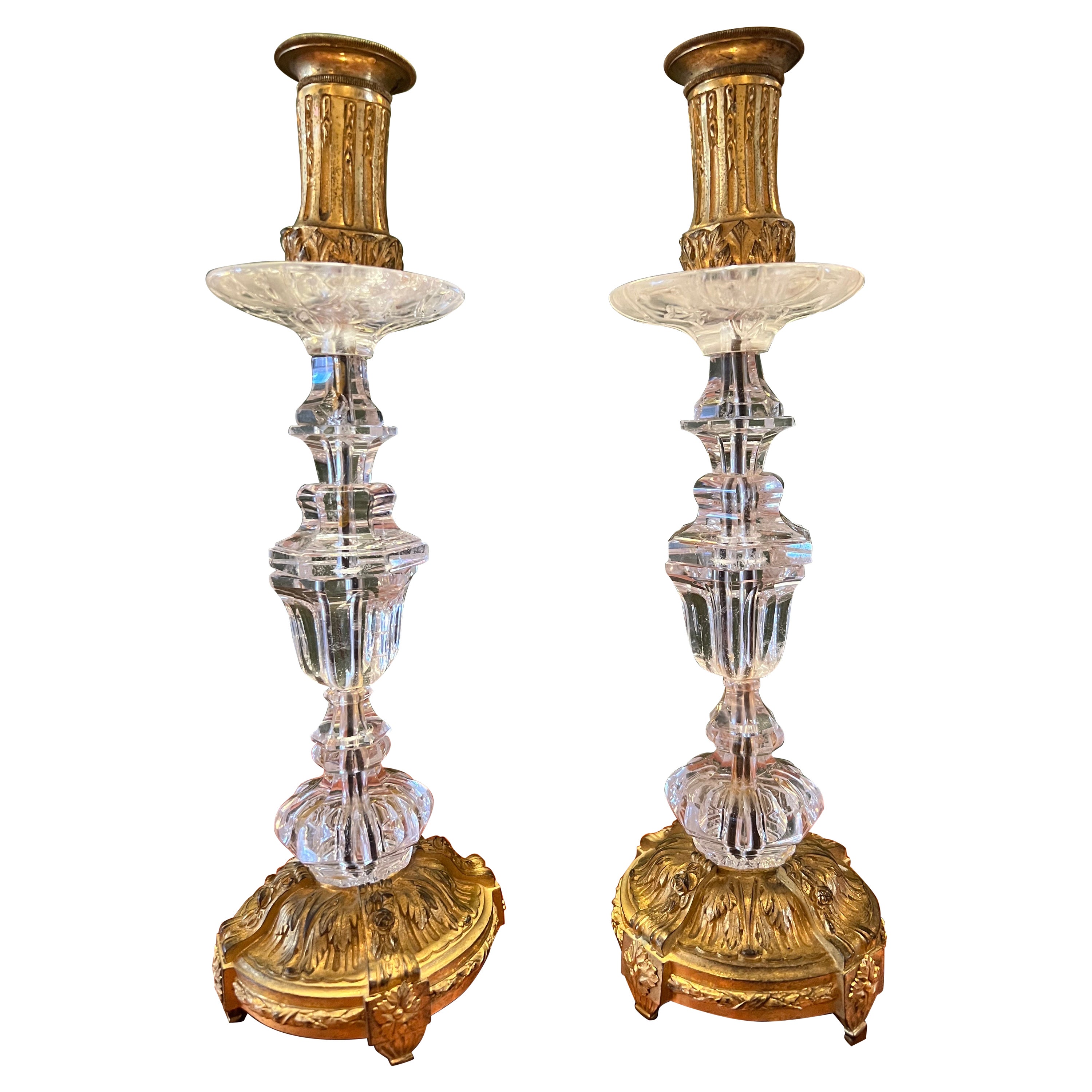 1820s Goldleaf Rock Crystal Candlesticks, Set of 2