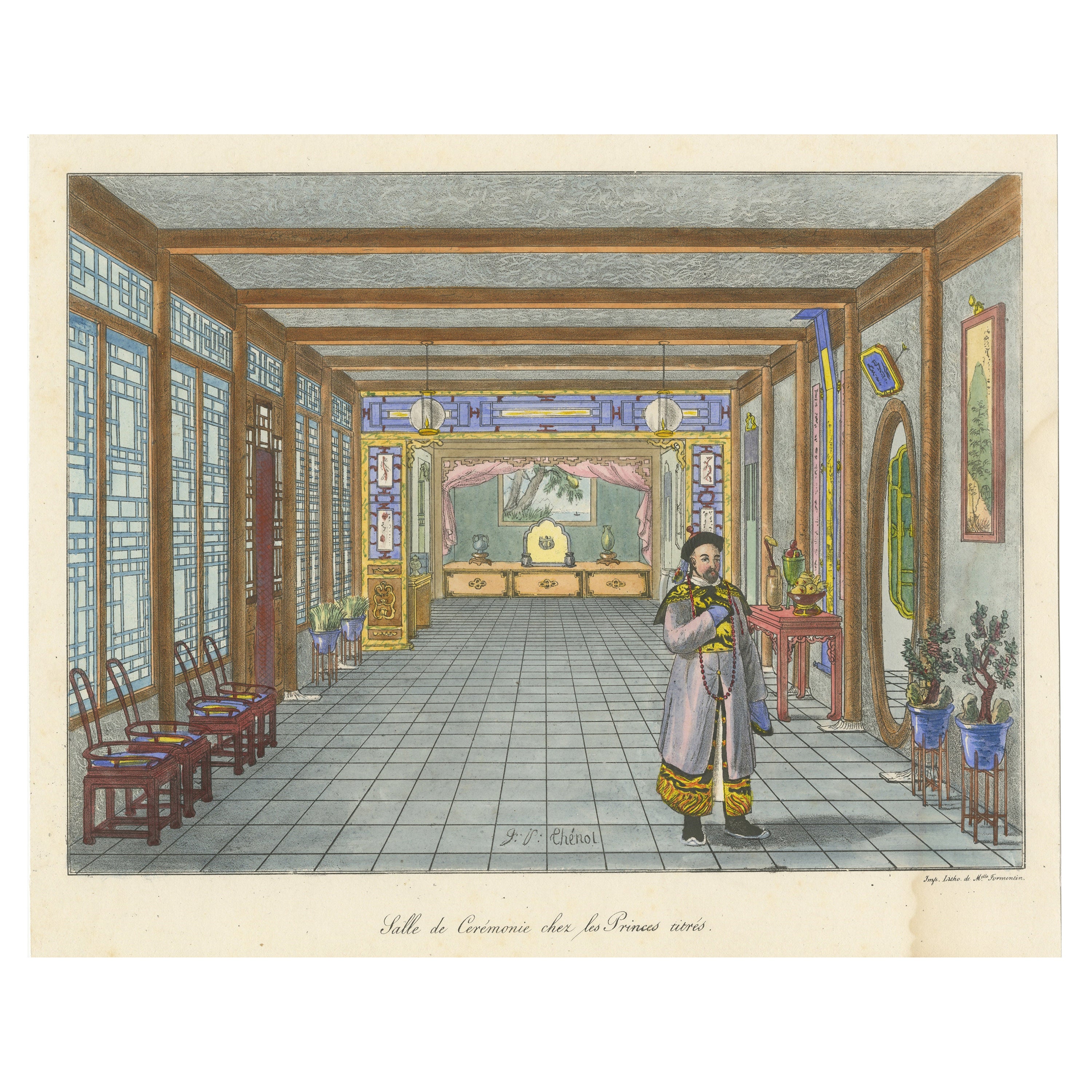 Antique Print of a Chinese Ceremony Hall For Sale