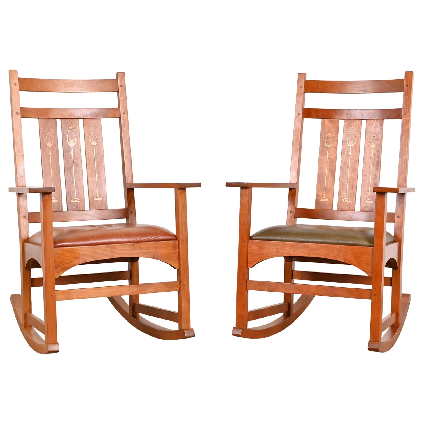 Stickley Harvey Ellis Collection Inlaid Cherry Wood Arts & Crafts Rocking Chairs