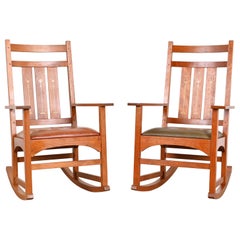 Used Stickley Harvey Ellis Collection Inlaid Cherry Wood Arts & Crafts Rocking Chairs