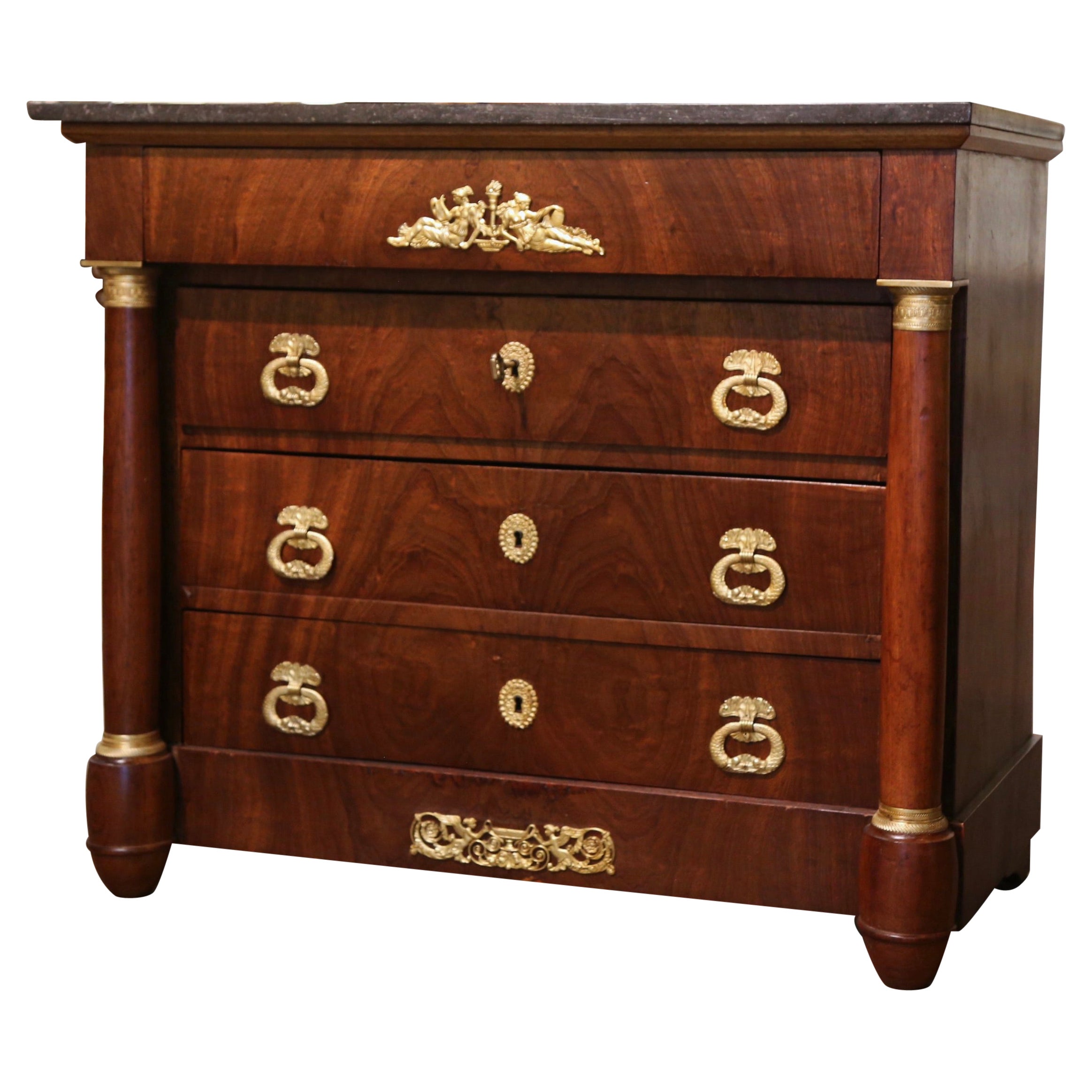 19th Century French Empire Marble Top Carved Chestnut & Ormolu Chest of Drawers For Sale