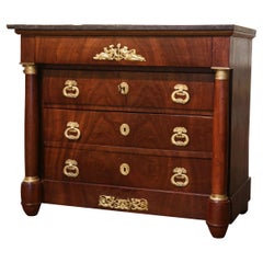 Antique 19th Century French Empire Marble Top Carved Chestnut & Ormolu Chest of Drawers