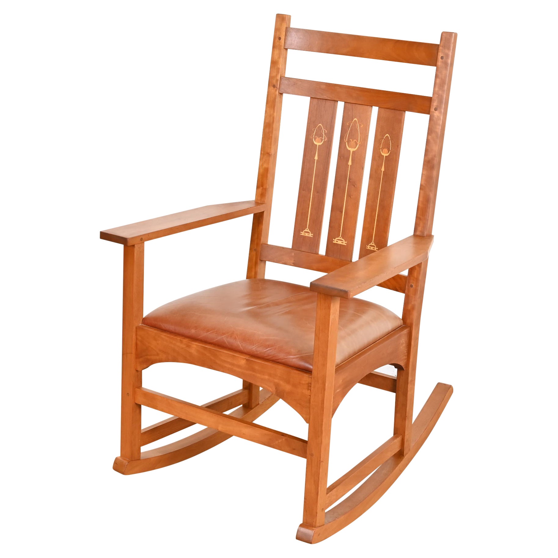 Stickley Harvey Ellis Collection Inlaid Cherry Wood Arts & Crafts Rocking Chair For Sale