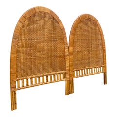 Vintage Coastal Woven Rattan Arched Twin Headboards, a Pair