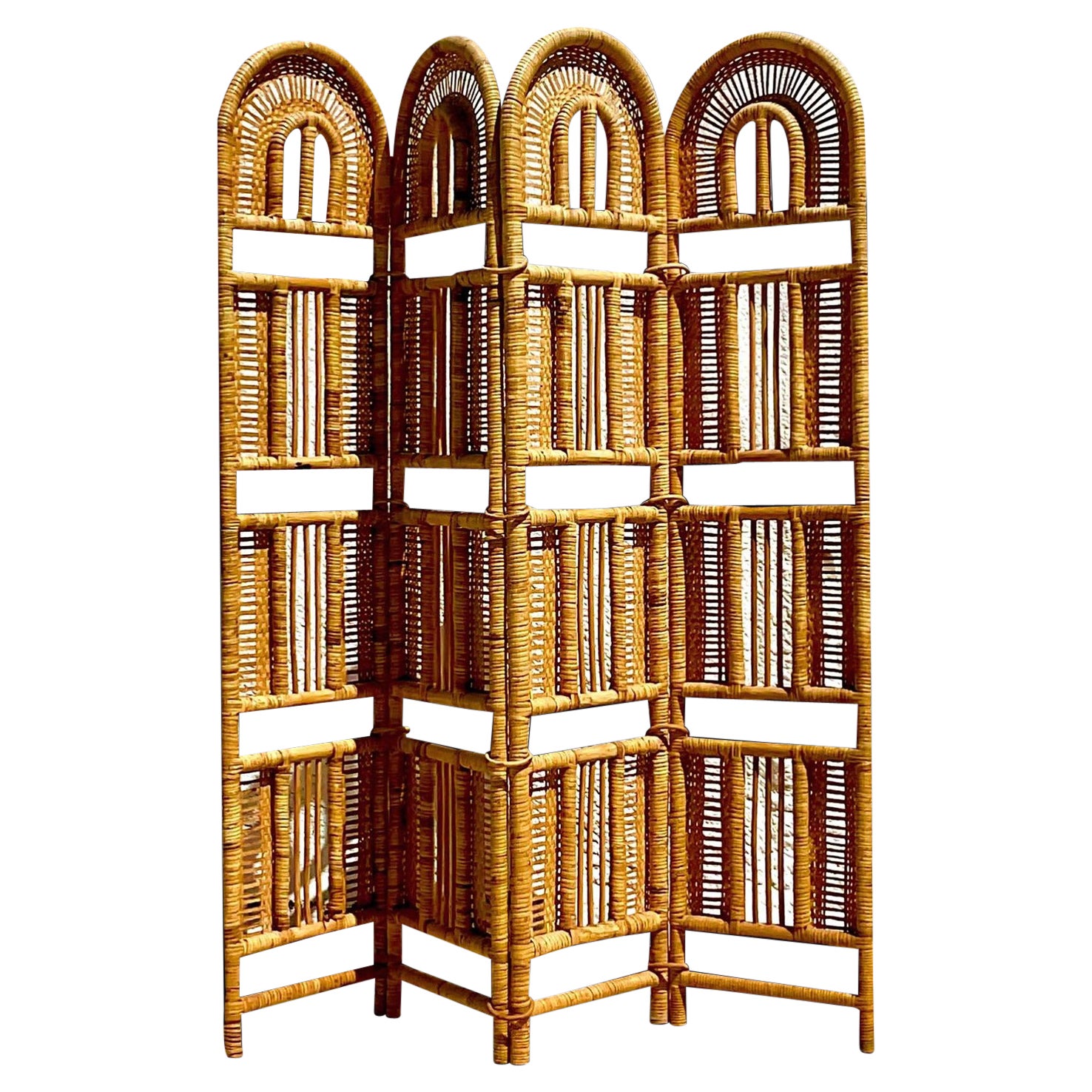 Vintage Coastal Woven Rattan Folding Screen