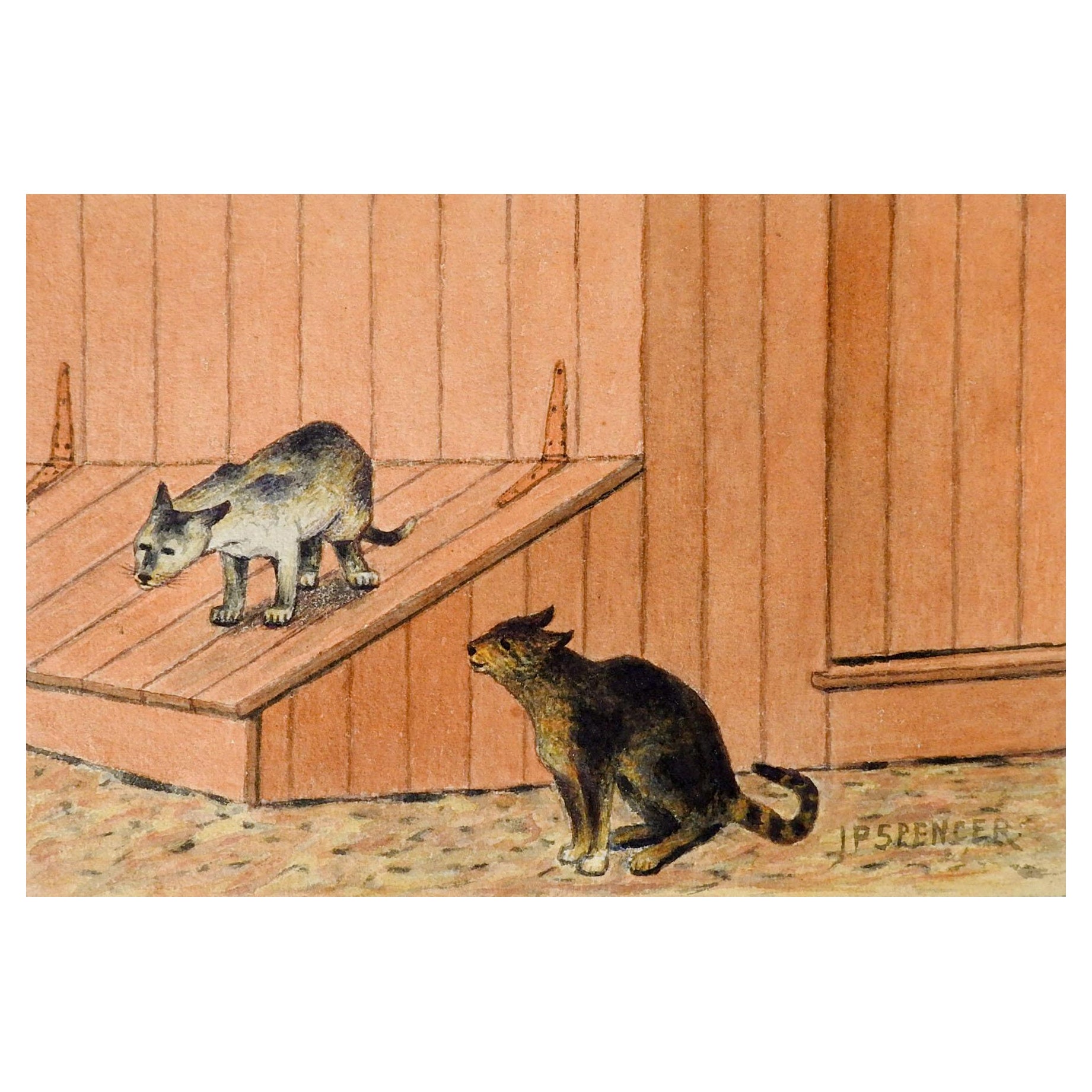 Small Vintage Barn Cats Rustic Watercolor Painting