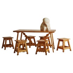 Brutalist Pine Wood Dining Table with Five Stools, Italy, 1950s