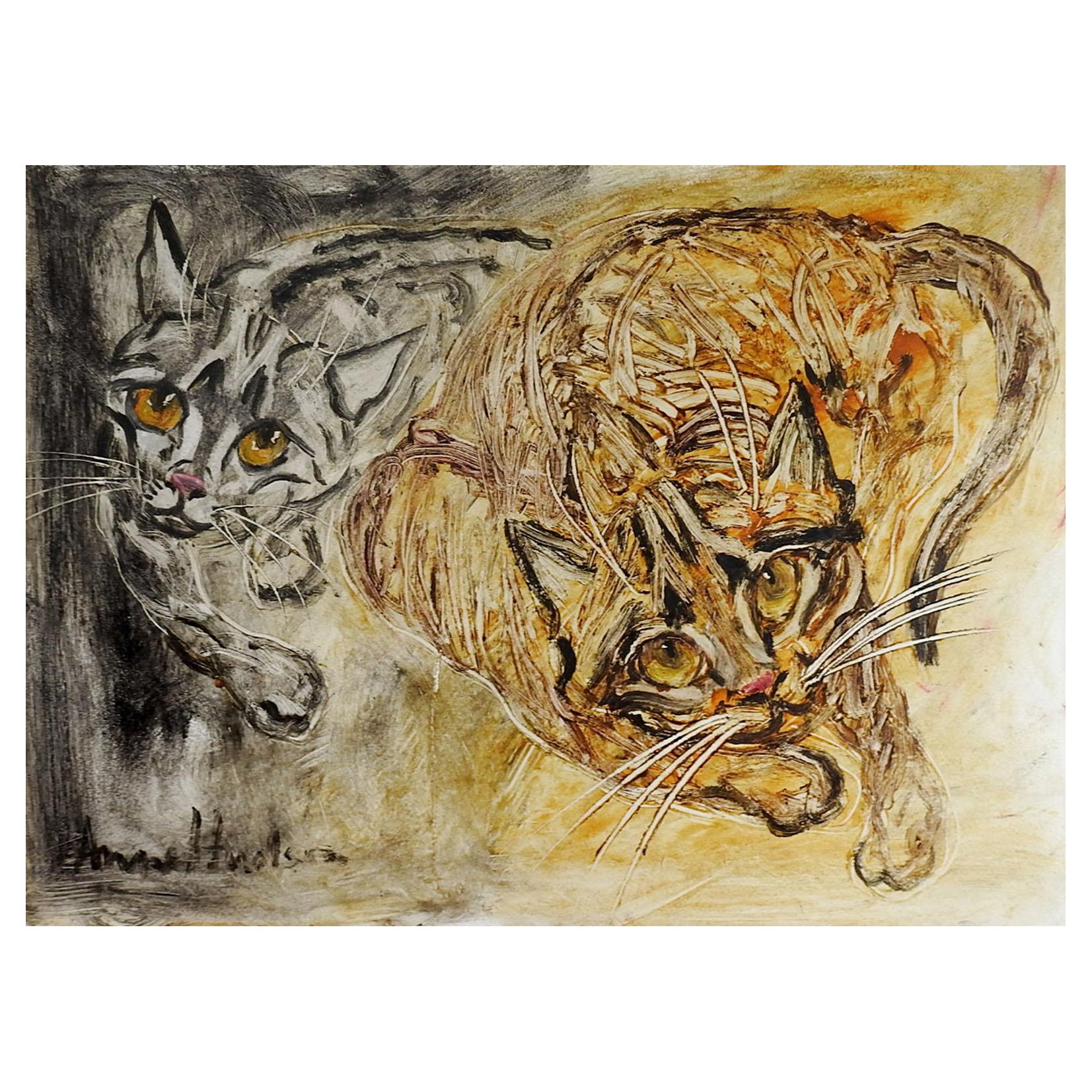 Mid-20th Century Anne Hudson Modernist Cat Painting For Sale