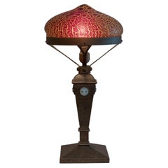 Austrian, Arts & Crafts Table Lamp, Red Shade, w/Owl Faces in Jewels ca. 1910