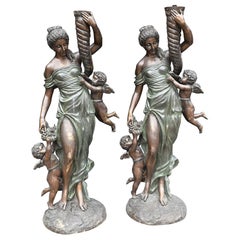 Vintage Pair Bronze Italian Maidens Demeter Cherub Statue 5ft Classical Garden