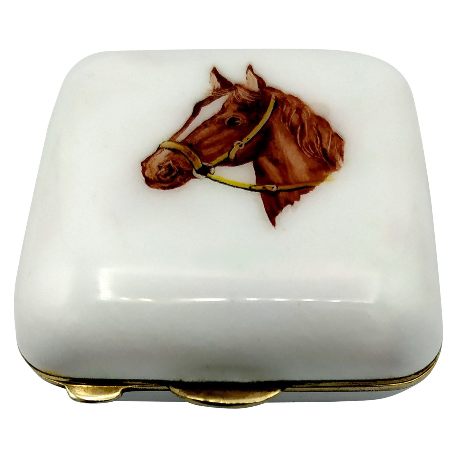 Pill Box Fired Enamel with Hand Painted Horse Head Sterling Silver Salimbeni For Sale