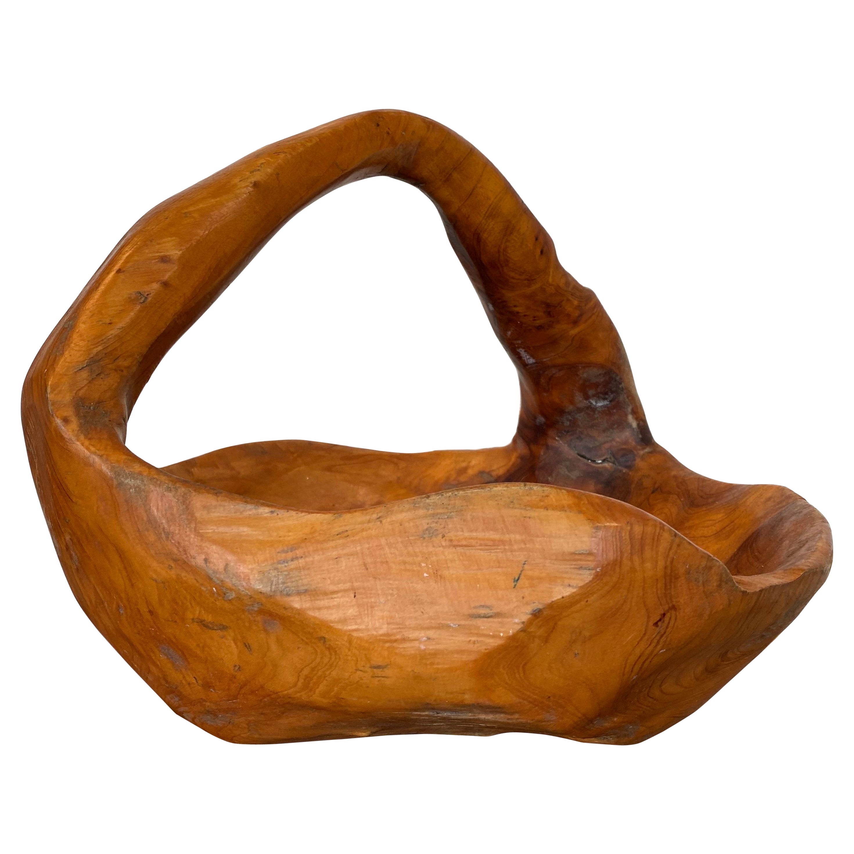 Vintage Hand Carved Redwood Burl Wood Bowl with Handle