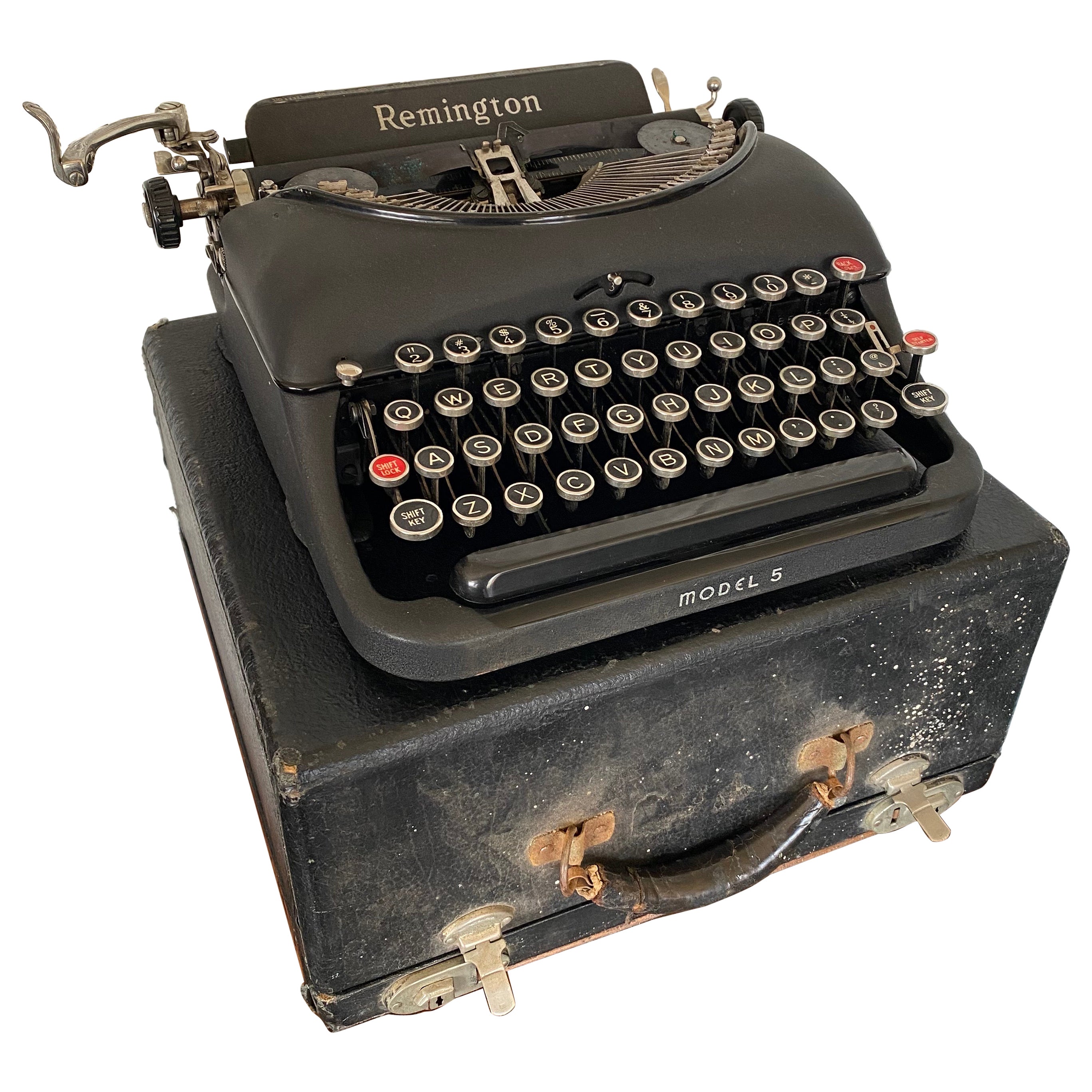 1940s Remington Model 5 Portable Black Typewriter with Case (Machine à écrire portable noire avec étui) 