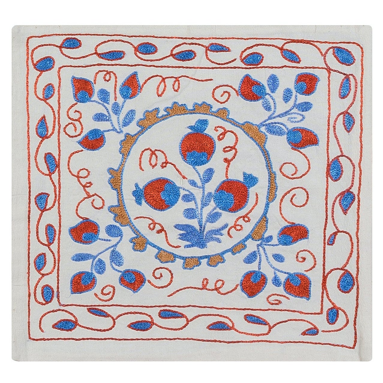 Uzbek Suzani Hand Embroidered Cushion Cover, Silk Decorative Lace Pillow