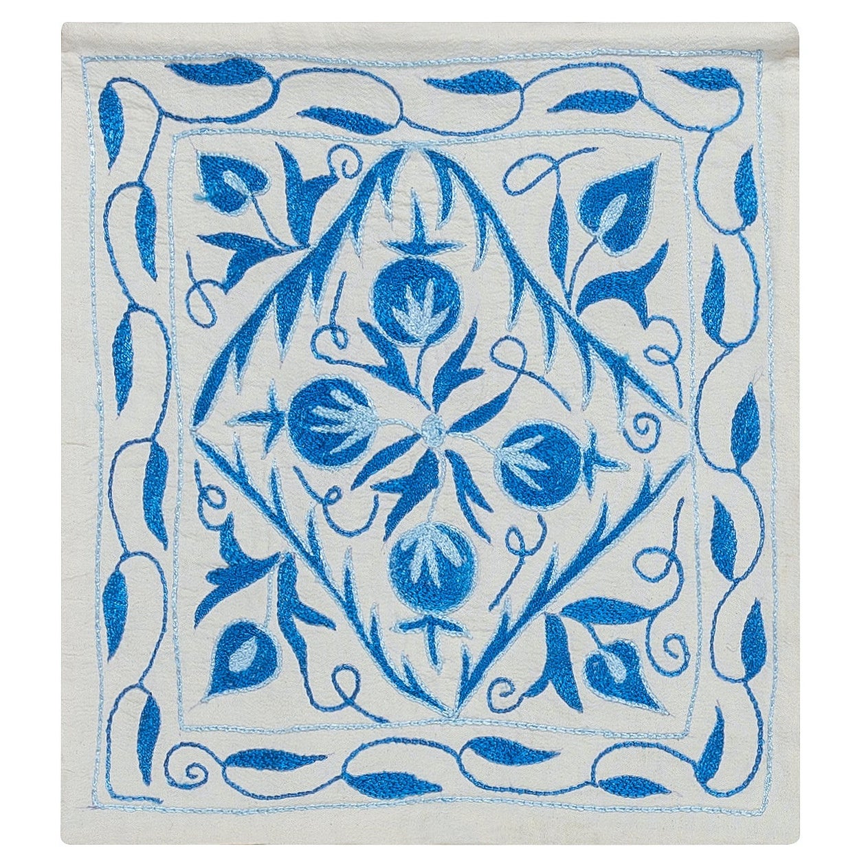 Suzani Textile Hand Embroidery Silk Cushion Cover in Cream & Light Blue