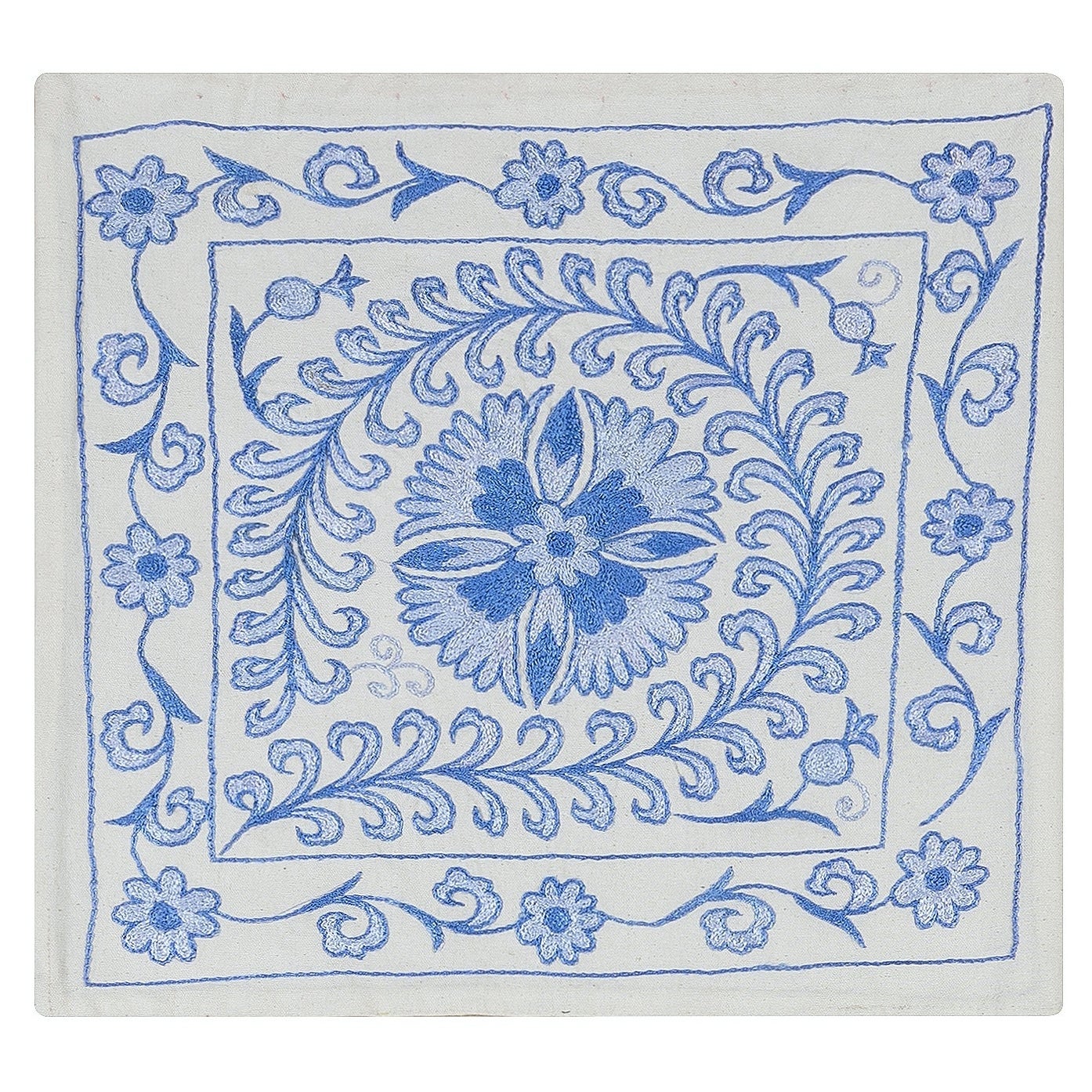 New Silk Hand Embroidery Suzani Floral Cushion Cover in Cream & Blue For Sale