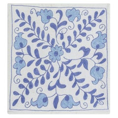 Daisy Pattern Silk Embroidery Cushion Cover in Ivory & Light Blue