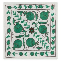 Hand Embroidered Silk Suzani Uzbek Cushion Cover in Cream & Green. 17"x18"