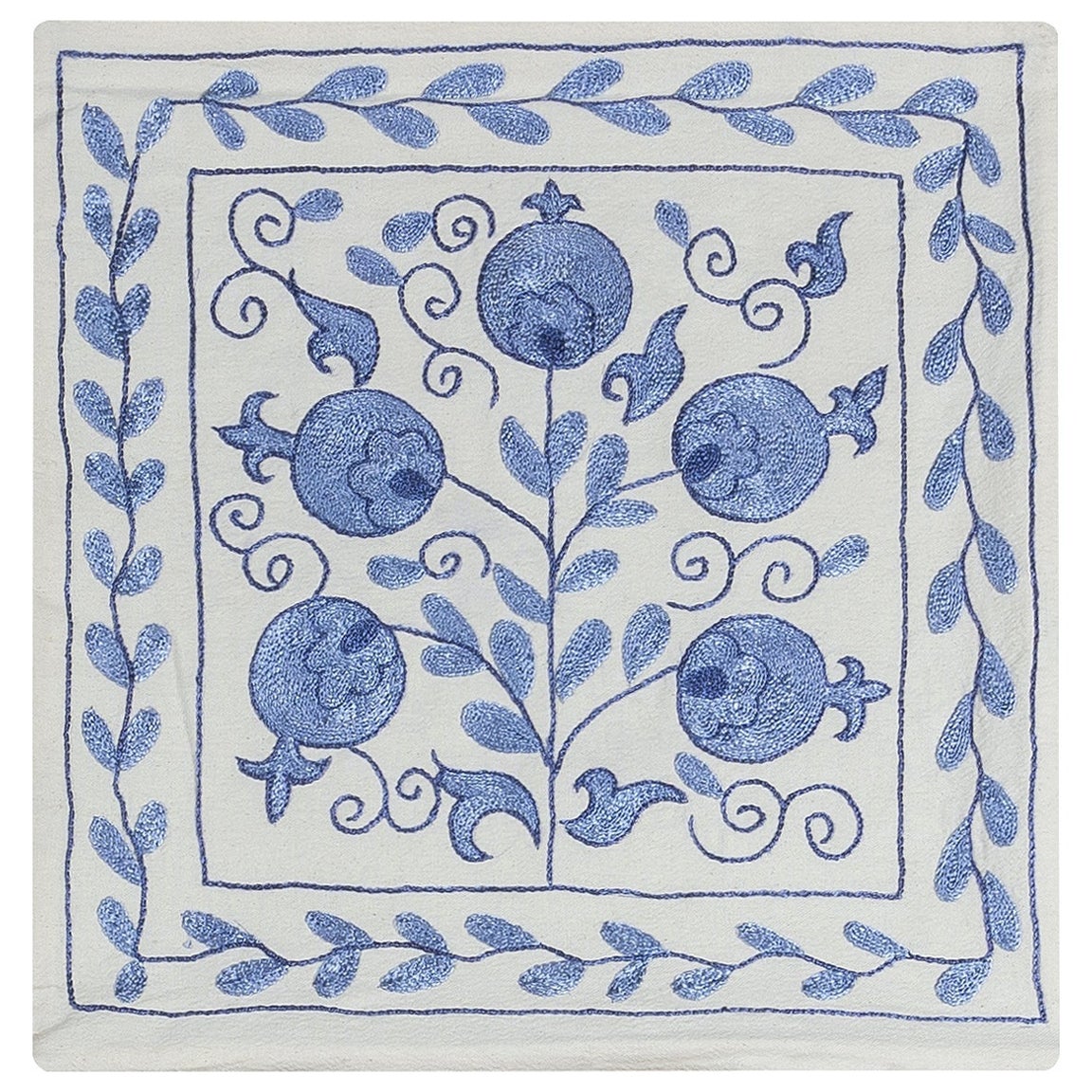 Suzani Textile Uzbek Silk Embroidered Cushion Cover in Cream & Blue For Sale
