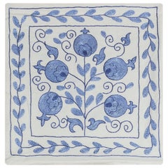 Suzani Textile Uzbek Silk Embroidered Cushion Cover in Cream & Blue