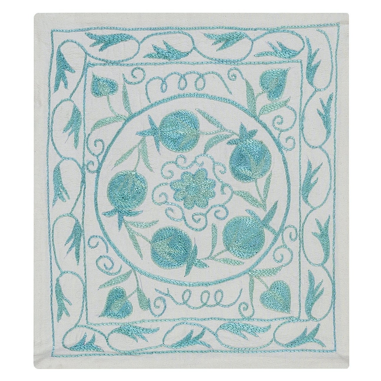 Housse de coussin brodée en soie Suzani d'Ouzbékistan, bleu sarcelle et ivoire. 15 "x18"
