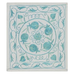 Silk Embroidered Cushion Cover in Teal Blue & Ivory, Uzbek Toss Pillow 15"x18"