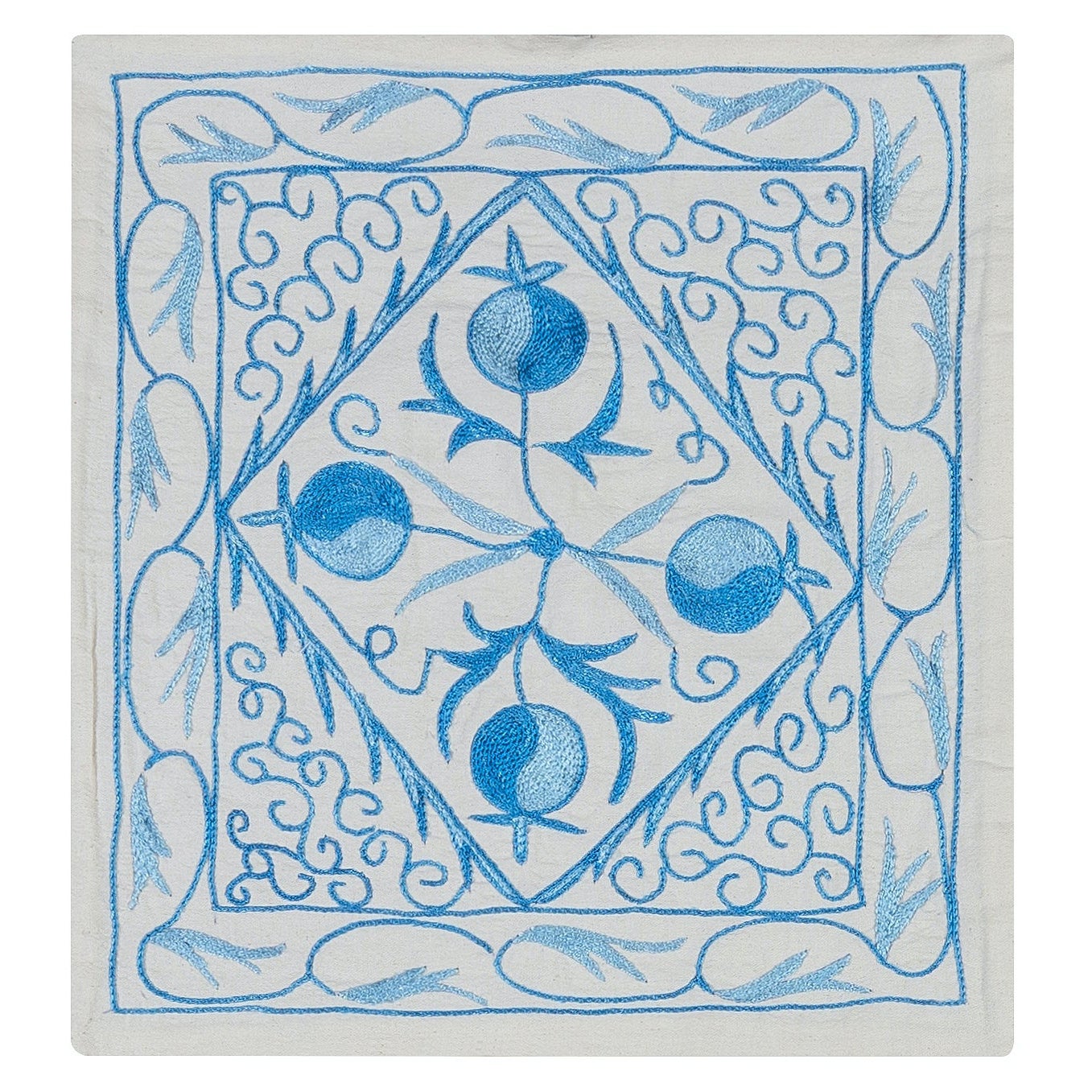 Suzani Kissenbezug, Uzbek-Stickerei-Spitzenkissen in Creme & Hellblau 16"x18"