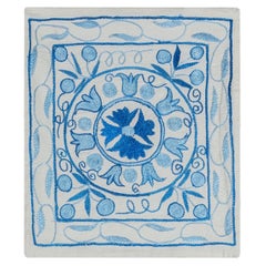 Silk Embroidery Silk Cushion Cover, Cream, Light Blue Suzani Pillowcase