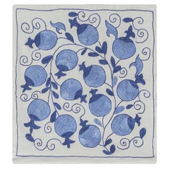 Silk Embroidery Cushion Cover, Suzani Fabric Pillowcase in Cream & Blue
