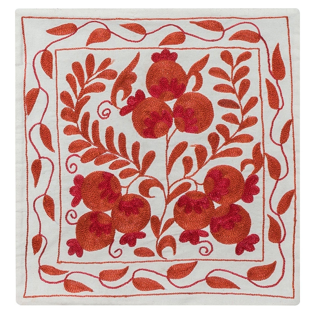 Contemporary Uzbek Hand Embroidered Silk Suzani Cushion Cover in Red & Cream