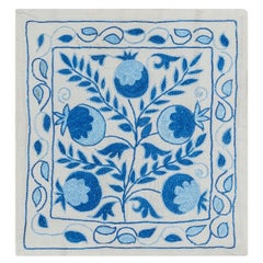 Uzbek Handmade Suzani Fabric Cushion Cover in Cream and Light Blue