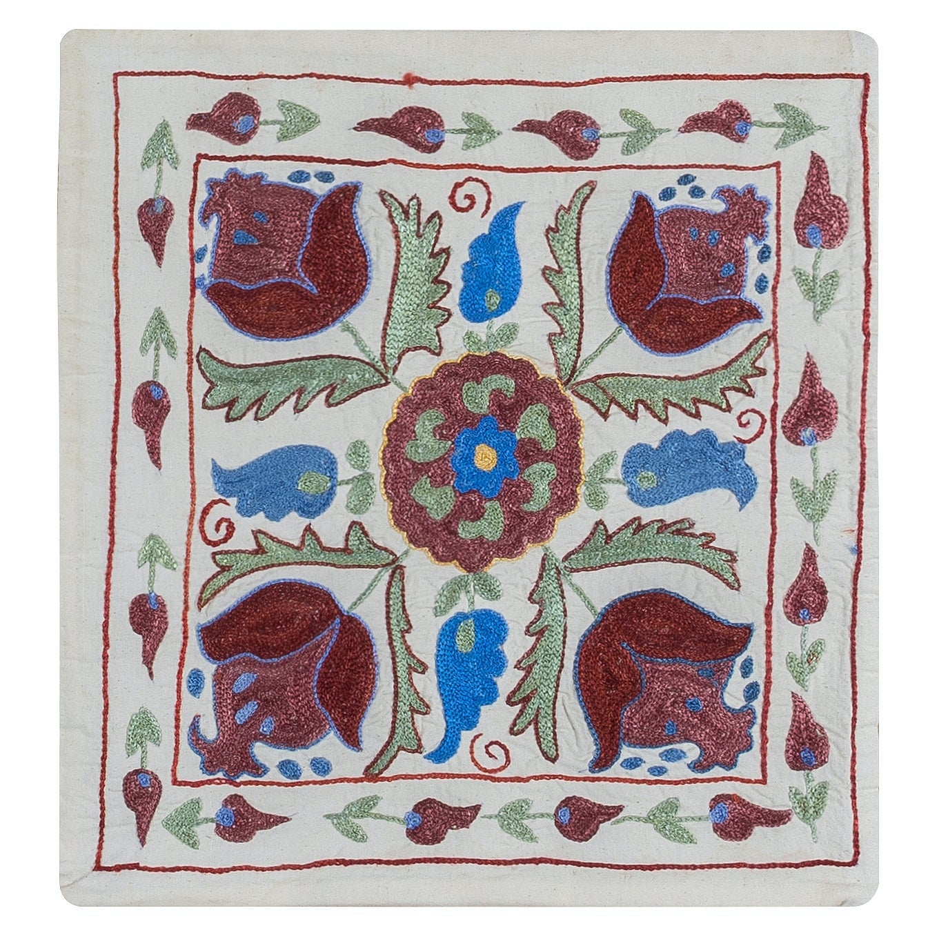 Bestickte Suzani-Textil-Spitzen-Kissenhülle, florales Usbekistan-Überwurf-Kissen. 17"x18" im Angebot