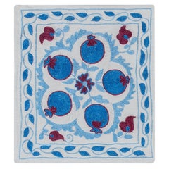 Cream, Blue & Dark Red Silk Embroidery Suzani Textile Lace Pillow Cover